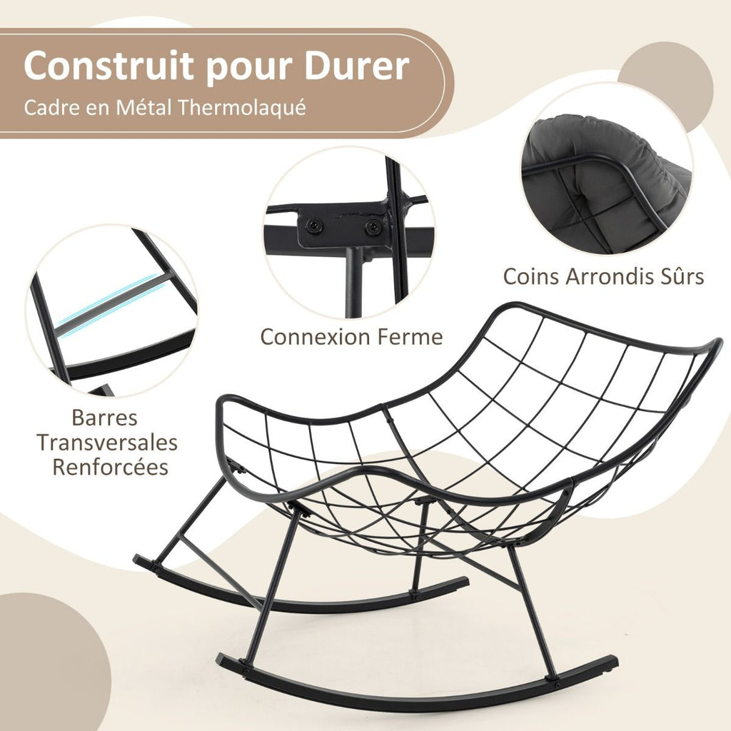 Chaise à Bascule d'Intérieur et d'Extérieur Chaise Papasan Surdimensionnée avec Coussin Rembourré & Cadre en Métal Capacité 205 Kg Gris -