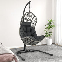 Load image into Gallery viewer, Chaise Oeuf en Rotin PE avec Support avec Oreiller et Coussin Chaise Suspendue avec Accessoires de Suspension Capacit 160 Kg Gris -