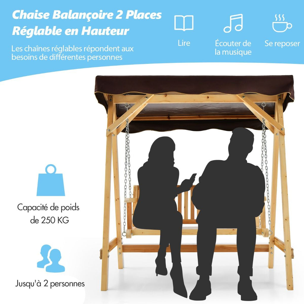 Balancelle de Jardin 2 Places en Bois avec Toit Inclinable Imperméable Chaîne Métallique Réglable Charge 240KG Cadre en A pour Jardin Véranda Cour -