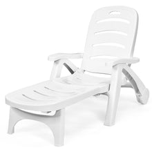 Load image into Gallery viewer, Chaise Longue Pliable Dossier Inclinable  5 Positions avec Roues Intgres pour Terrasse Jardin Piscine 150 kg Gris/Blanc/Bleu -