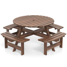 Load image into Gallery viewer, Ensemble Table de Pique-Nique en Bois pour 2 à 8 Personnes Set Table et Banc Circulaire avec 4 Bancs Intégrés Trou de Parasol de 5cm Marron/Jaune -