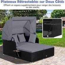 Load image into Gallery viewer, Chaise Longue à 2 Places en Rotin avec Auvent Rétractable Bain de Soleil avec Panneaux Latéraux Pliables Charge 360KG Beige/Gris -