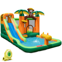 Load image into Gallery viewer, 7 en 1 Château Gonflable Tropical à Thème Singe &amp; Palmier avec Toboggan Aquatique avec Piscine &amp; 50 Boules Charge 90kg pour 2 Enfants de 3-10 Ans -