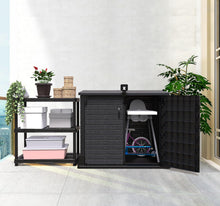 Load image into Gallery viewer, Duramax StoreAway 1200L Plastic Garden Shed/ Flat Lid,Outdoor Storage Shed,Wheelie Bin Hideaways,Wheelie bin box,Durable Construction,Ideal for Bikes,BBQs &amp; 2x 240L Bins,145x85x125 cm,Brown