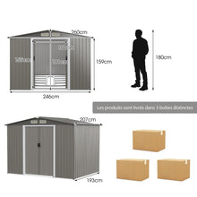 Load image into Gallery viewer, Abri de Jardin Métal Extérieur 9.74m³ Acier Galvanisé avec Fondation 4 Persiennes Double Porte et Rampe 260 x 207 x 181 cm Gris Foncé/Gris Clair -