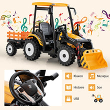 Load image into Gallery viewer, 12V Tracteur lectrique Enfants avec Pelle&amp;Remorque Amovible Vhicule lectrique  6 Roues avec Tlcommande &amp; Musique 3-6 km/h pour 3-8 Ans Jaune/Vert -