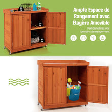 Load image into Gallery viewer, Costwy Rangement de Jardin Armoire en Bois Table de Jardinage avec Etagère Amovible 4 Roues Universelles Plateau en Acier Galvanisé -
