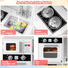 Load image into Gallery viewer, Cuisine de Jeu pour 3 Ans et Plus Jouets de Cuisine en Bois avec Evier Robinet Distributeur d橢au Micro-ondes Four Ustensiles Blanc -
