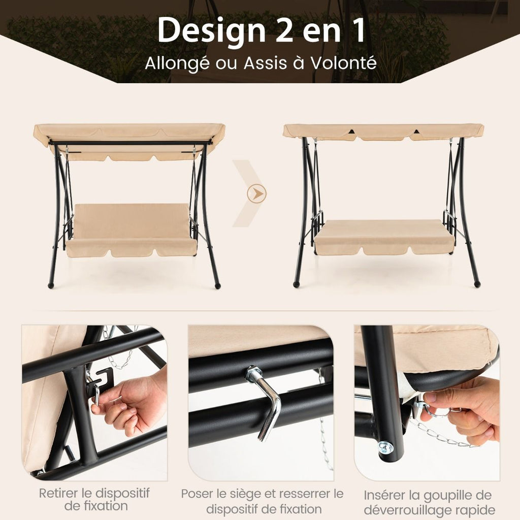 Balancelle d'Extérieur Convertible 2 Places avec Lit Plat Hamac de Terrasse avec Auvent Réglable et Coussin Amovible Pour Jardin -
