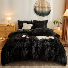 Load image into Gallery viewer, Besfunny Fluffy Black Shaggy Plush Comforter Cover Set,Ultra Soft Faux Fur Duvet Cover Bedding Sets Queen 3 Pieces with Pillow Cases, Black Bed Set