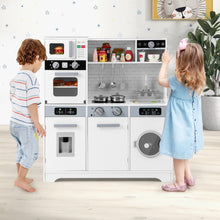 Load image into Gallery viewer, Cuisine de Jeu pour 3 Ans et Plus Jouets de Cuisine en Bois avec Evier Robinet Distributeur d橢au Micro-ondes Four Ustensiles Blanc -
