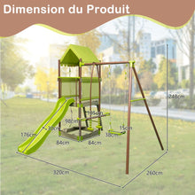 Load image into Gallery viewer, Balanoire 7-en-1 Aire de Jeu en Mtal avec Fort Couvert Rglable en Hauteur Corde d'Escalade Bac  Sable Glisseur Toboggan Ondul Vert -