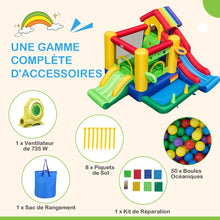 Load image into Gallery viewer, Château Gonflable à Thème Arc-en-ciel 7 en 1 avec Ventilateur Double Toboggans Piscine à Balles Panier de Basket Charge 90kg -