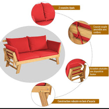 Load image into Gallery viewer, Chaise Longue Convertible avec Coussin Canapé de Jardin 2 en 1 en Bois d’Acacia avec Accoudoir Réglable pour Patio Piscine Jardin Blanc/Gris/Bleu/Rouge -
