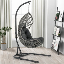Load image into Gallery viewer, Chaise Oeuf en Rotin PE avec Support avec Oreiller et Coussin Chaise Suspendue avec Accessoires de Suspension Capacité 160 Kg Gris -
