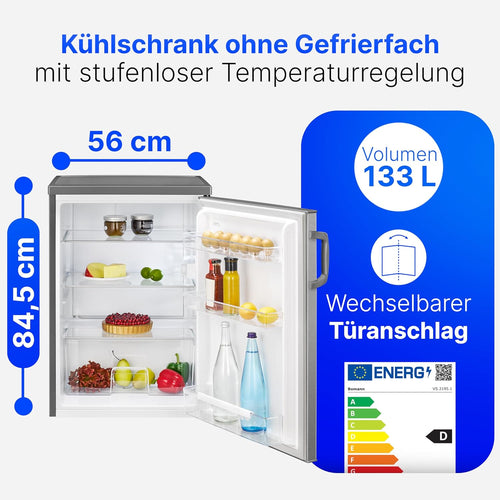 Bomann Réfrigérateur 133L inox VS2195-1-inox, Capacité nette : 133 litres, Éclairage intérieur à DEL, Contrôle de la température en continu, 3 clayettes en verre