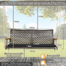 Load image into Gallery viewer, Banc Suspendu de Jardin en Rotin 2 Place Accoudoirs en Bois d'Acacia Cadre en Mtal Coussin Cordes Crochets Blanc/Noir -