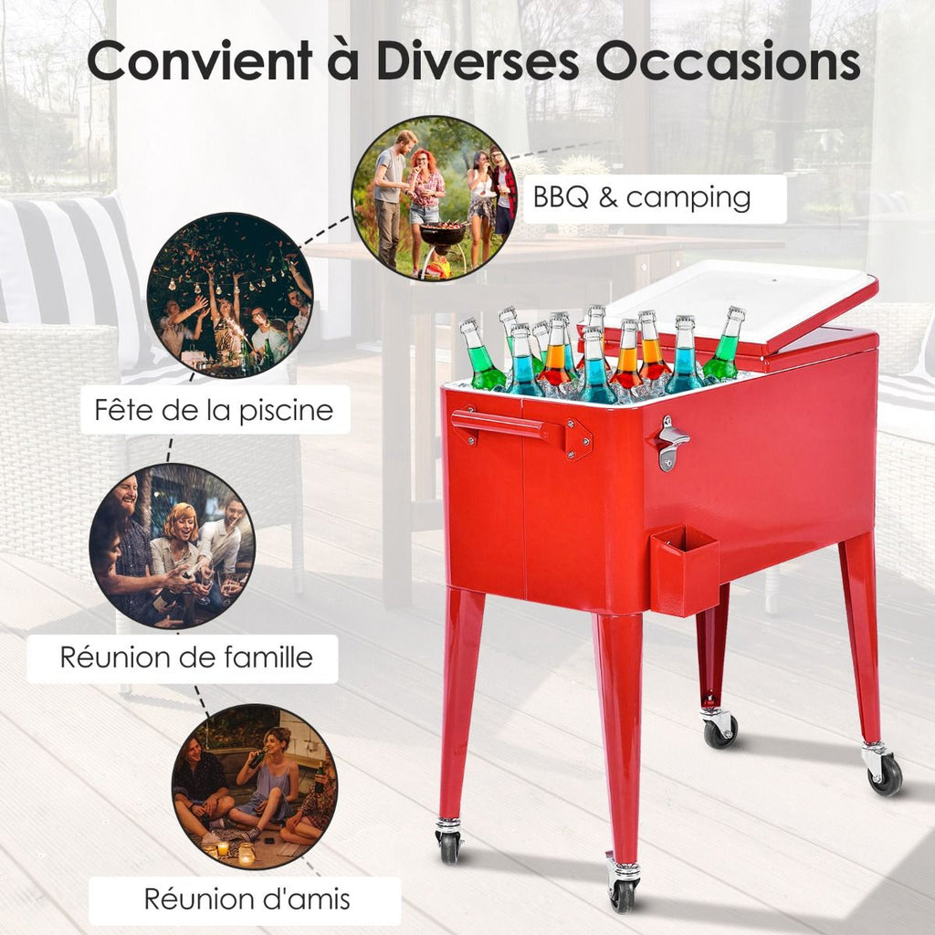Chariot Isotherme Roulant de 76L Réfrigérant avec Roulettes Universelles Ouvre-bouteille Desserte Jardin pour Conserver Glace et Boissons -