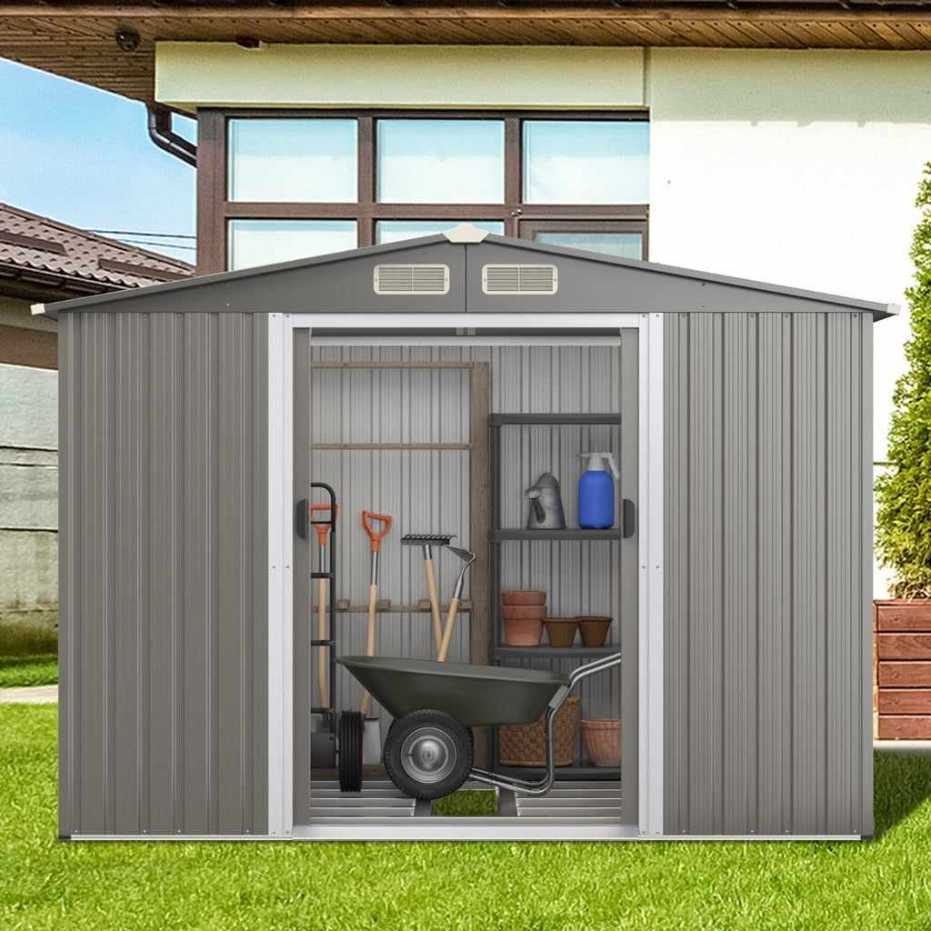 Abri de Jardin Métal Extérieur 9.74m³ Acier Galvanisé avec Fondation 4 Persiennes Double Porte et Rampe 260 x 207 x 181 cm Gris Foncé/Gris Clair -