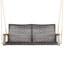 Load image into Gallery viewer, Banc Suspendu de Jardin en Rotin 2 Place Accoudoirs en Bois d'Acacia Cadre en Métal Coussin Cordes Crochets Blanc/Noir -