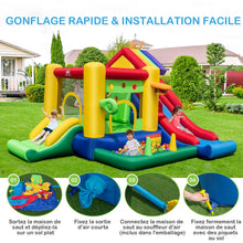 Load image into Gallery viewer, Ch芒teau Gonflable  Thme Arc-en-ciel 7 en 1 avec Ventilateur Double Toboggans Piscine  Balles Panier de Basket Charge 90kg -