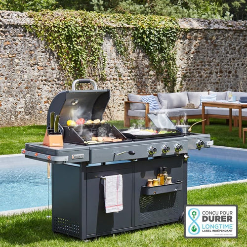 BRASERO - Barbecue Bi-Energy Gun Metal XL - Barbecue Charbon et Plancha 60 x 42 cm à gaz avec brûleur latéral -12,95 KW
