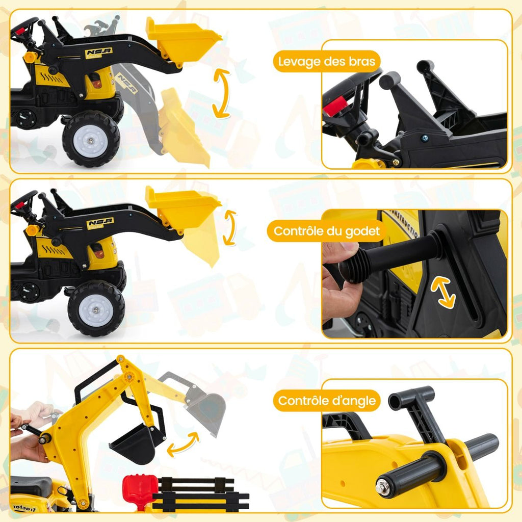 3 en 1 Tracteur pour Enfant avec 6 Roues Jouet Pelle Remorque Amovible avec Volant Klaxon 3  6 Ans Jaune/Vert -