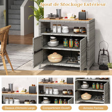 Load image into Gallery viewer, Armoire de Rangement Exterieur en Rotin Armoire de Jardin avec Plateau en Bois d'Acacia Compartiment Ouvert Buffet à 2 Portes -