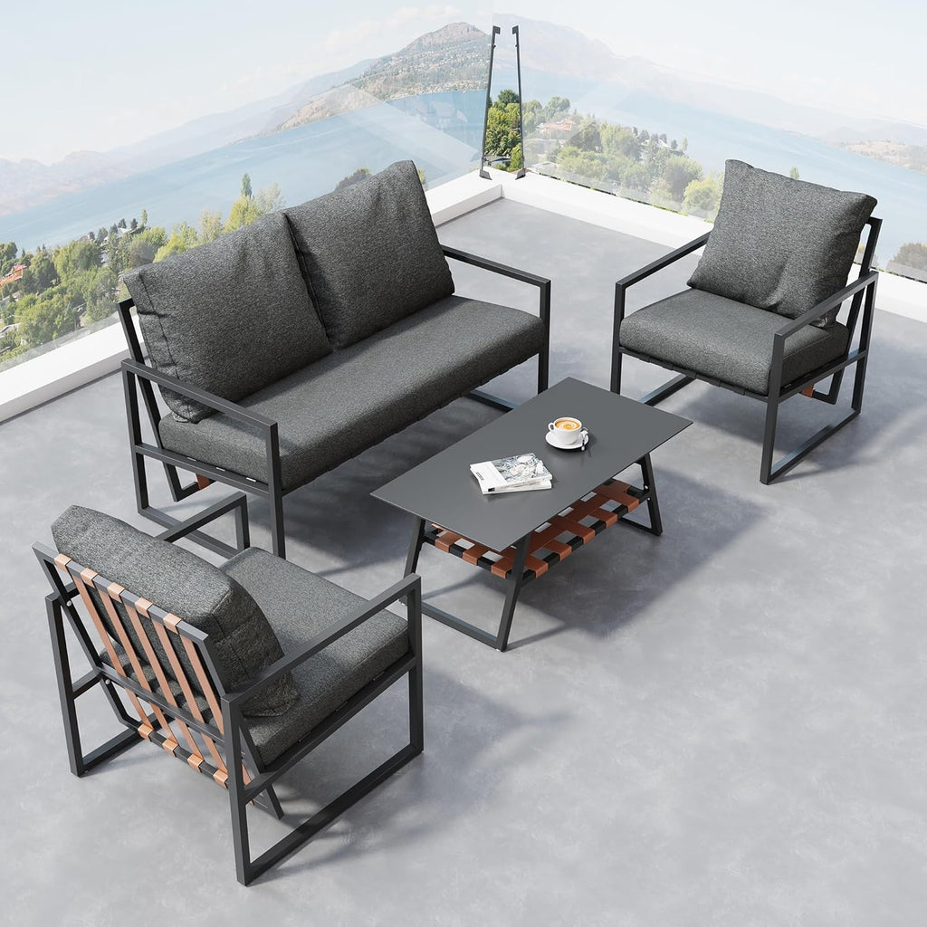 Salon de Jardin,Salon de Jardin 4 Personnes,avec canapé,Table Basse et Coussins,Housse en Tissu déhoussable et Lavable,Noir (Coussins d'assise Inclus)