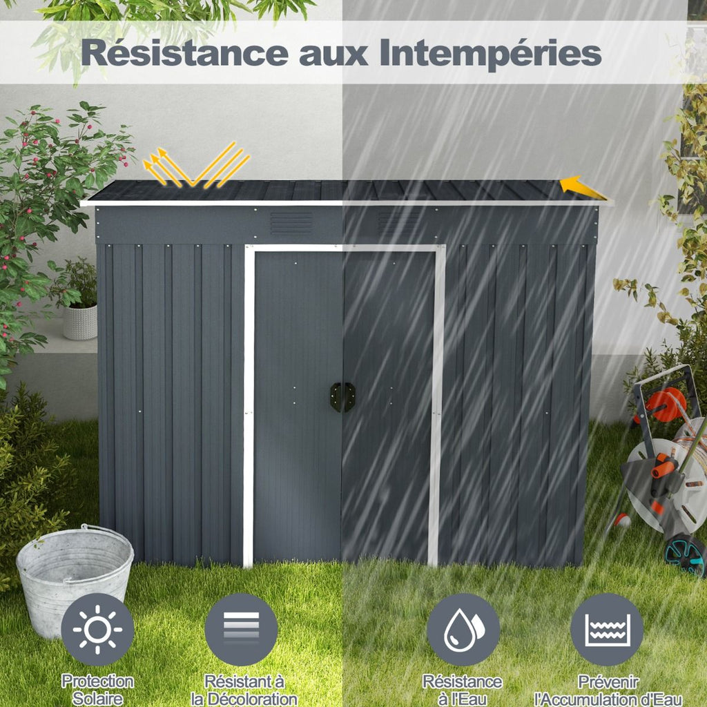 Abri de Jardin Métal 2,4 ㎡ Toit Monopente Cabane de Jardin 2 Portes Coulissantes Verrouillables Fondation 2 Trous d'Aération Gris -