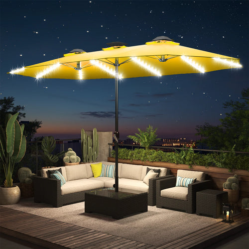 AECOJOY 15ft Patio Double-Sided Umbrella, 156 PCS Solar LED Light Outdoor Large Umbrella, Yellow