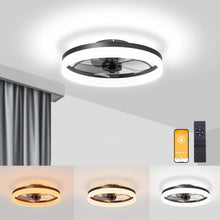 Load image into Gallery viewer, VOLISUN Low Profile Ceiling Fans with Lights and Remote, Fandelier Ceiling Fan Flush Mount 19.7inch, 3000K-6500K Smart Bladeless LED Fan Light, Black