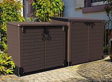 Load image into Gallery viewer, Duramax StoreAway 1200L Plastic Garden Shed/ Flat Lid,Outdoor Storage Shed,Wheelie Bin Hideaways,Wheelie bin box,Durable Construction,Ideal for Bikes,BBQs &amp; 2x 240L Bins,145x85x125 cm,Brown