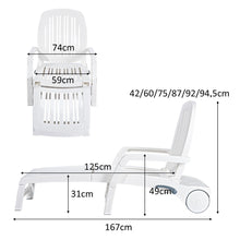 Load image into Gallery viewer, Chaise Longue Inclinable Réglable à 5 Positions avec Roues Flexibles Fauteuil Relax de Camping avec Boîte de Rangement Charge 150KG Blanc -