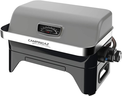 Attitude2go,Barbecue de Table  Faible fume,BBQ Portable, Couvercle,thermomtre,et Grille en Fonte,Alimentation : Cartouche de gaz CV 470 Plus,Gris