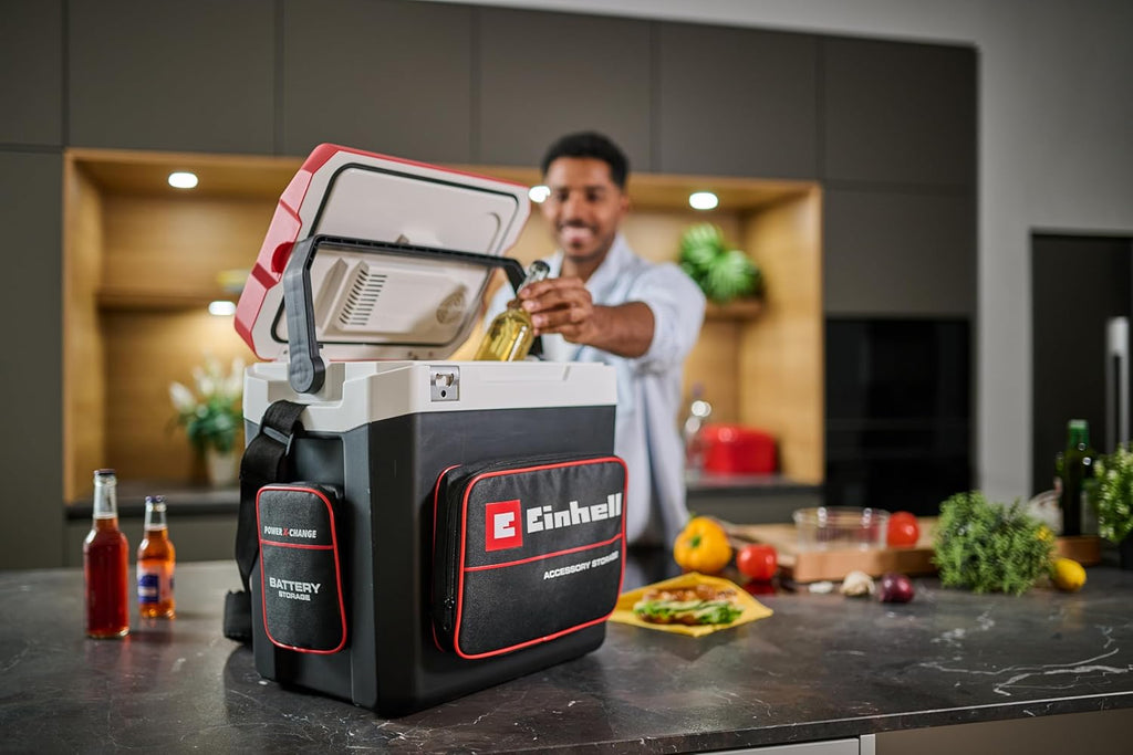 Einhell Glacière portable sans fil TE-COL 18/27 Li-Solo Power X-Change (18 V, 27 l, refroidit et maintient au chaud, mode hybride 12 V pour la voiture et 230 V sur secteur, avec poches, sans batterie)