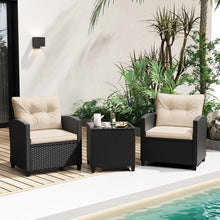 Load image into Gallery viewer, Ensemble de Meubles 3 Pièces de Patio en Rotin Charge 180KG Salon de Jardin 2 Fauteuils Table Basse avec Plateau Noir/Beige/Blanc -