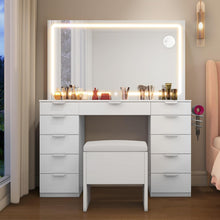 Load image into Gallery viewer, YITAHOME Grande Coiffeuse avec éclairage LED réglable et Prises électriques, Coiffeuse avec Miroir, Toit en Verre Transparent, 11 tiroirs et Tabouret, Blanc