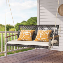 Load image into Gallery viewer, Banc Suspendu de Jardin en Rotin 2 Place Accoudoirs en Bois d'Acacia Cadre en Mtal Coussin Cordes Crochets Blanc/Noir -