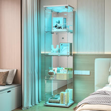 Load image into Gallery viewer, BPKADHY Vitrine sur pied en verre à 4 couches - 1 porte - Lampe LED et serrure avec paroi arrière miroir - Armoire de salon pour objets de collection et livres - Blanc