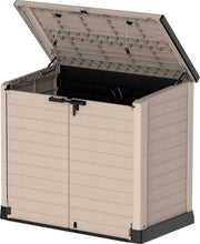 Load image into Gallery viewer, Duramax StoreAway 1200L Plastic Garden Shed/ Flat Lid,Outdoor Storage Shed,Wheelie Bin Hideaways,Wheelie bin box,Durable Construction,Ideal for Bikes,BBQs &amp; 2x 240L Bins,145x85x125 cm,Brown