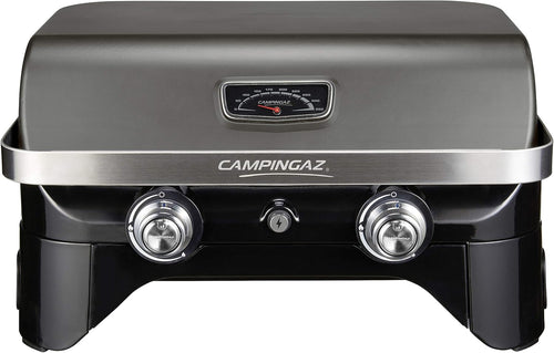 Attitude2go,Barbecue de Table  Faible fume,BBQ Portable, Couvercle,thermomtre,et Grille en Fonte,Alimentation : Cartouche de gaz CV 470 Plus,Gris