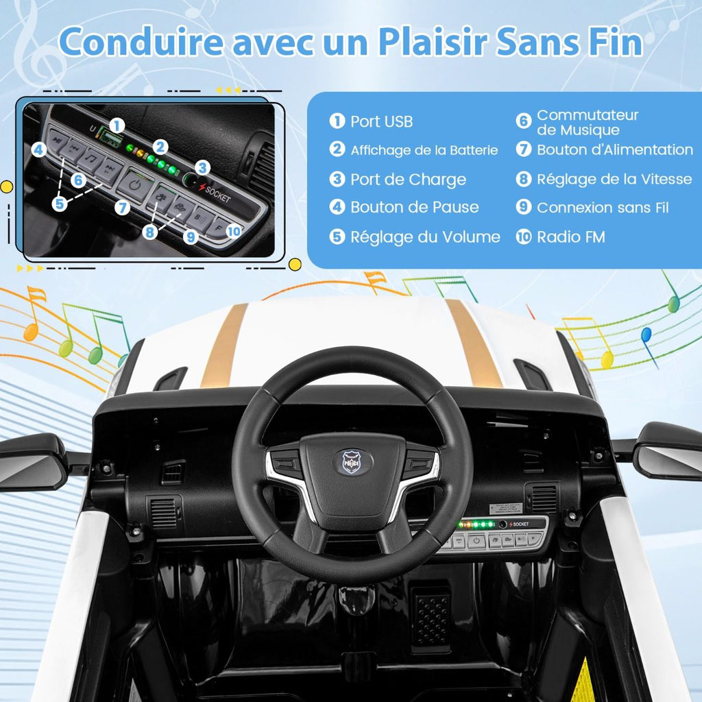 Voiture de Police Electrique Alimente par Batterie 12 V/7 A Tlcommande Connexion Sans Fil Musique Klaxon Sirne Lumires LED Blanc -