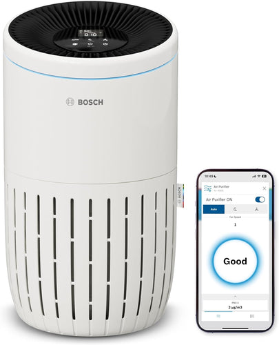 Bosch Air 4000i - Purificateur d'air intelligent - Couvre 62,5 m² - Filtre efficacement plus de 99% des polluants - Mode Auto/Sommeil (< 25 dB(A)) - CADR : 300 m³/h - Connectivité avec écran et app