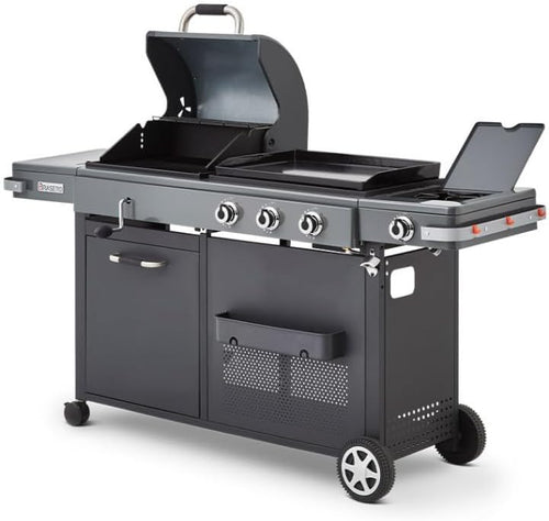 BRASERO - Barbecue Bi-Energy Gun Metal XL - Barbecue Charbon et Plancha 60 x 42 cm à gaz avec brûleur latéral -12,95 KW