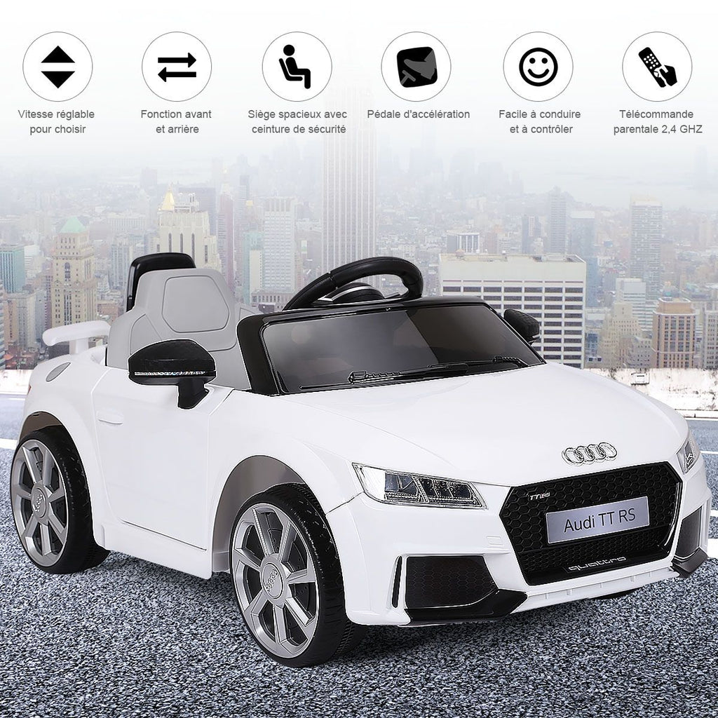 Voiture TTRS Electrique pour Enfants 12V Max. 5 Km/h Double Porte avec Télécommande 2.4G Blanc/Rouge -