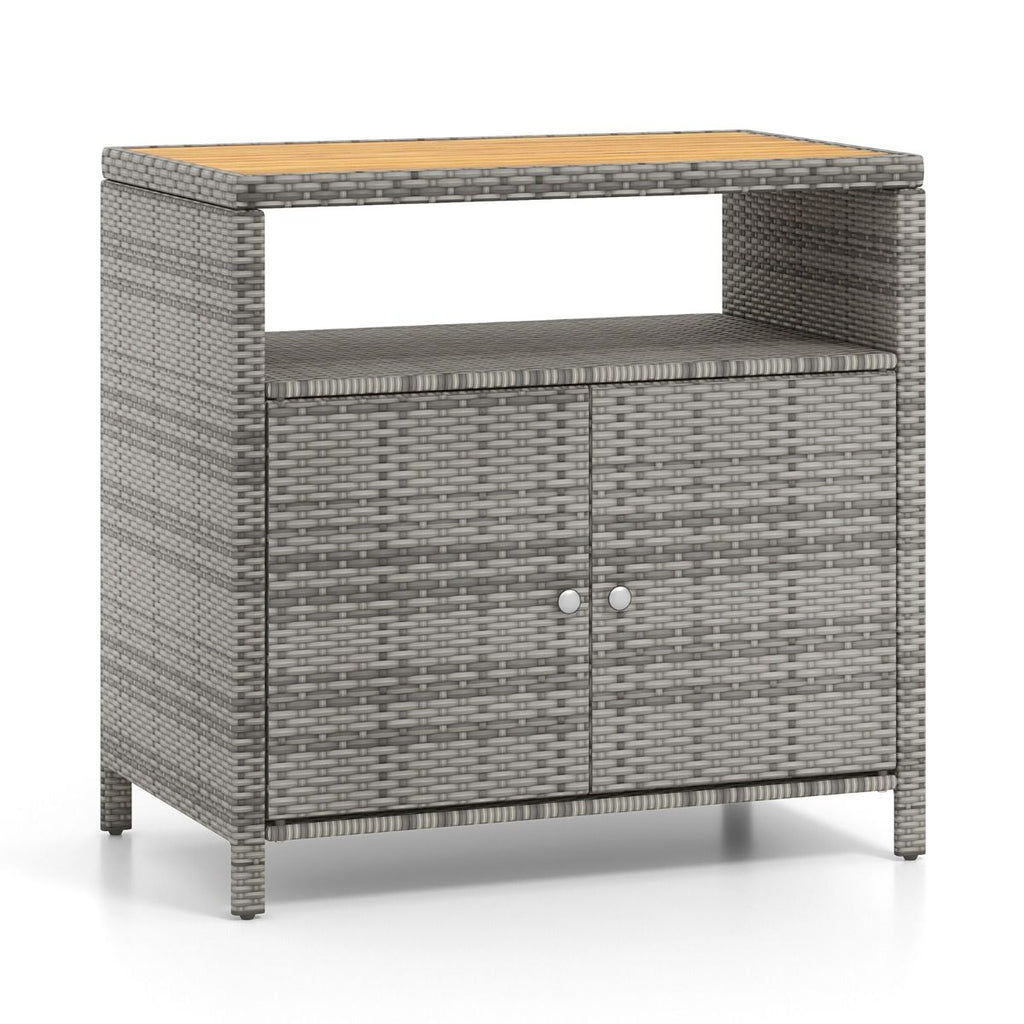 Armoire de Rangement Exterieur en Rotin Armoire de Jardin avec Plateau en Bois d'Acacia Compartiment Ouvert Buffet  2 Portes -