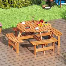 Load image into Gallery viewer, Ensemble Table de Pique-Nique en Bois pour 2 à 8 Personnes Set Table et Banc Circulaire avec 4 Bancs Intégrés Trou de Parasol de 5cm Marron/Jaune -