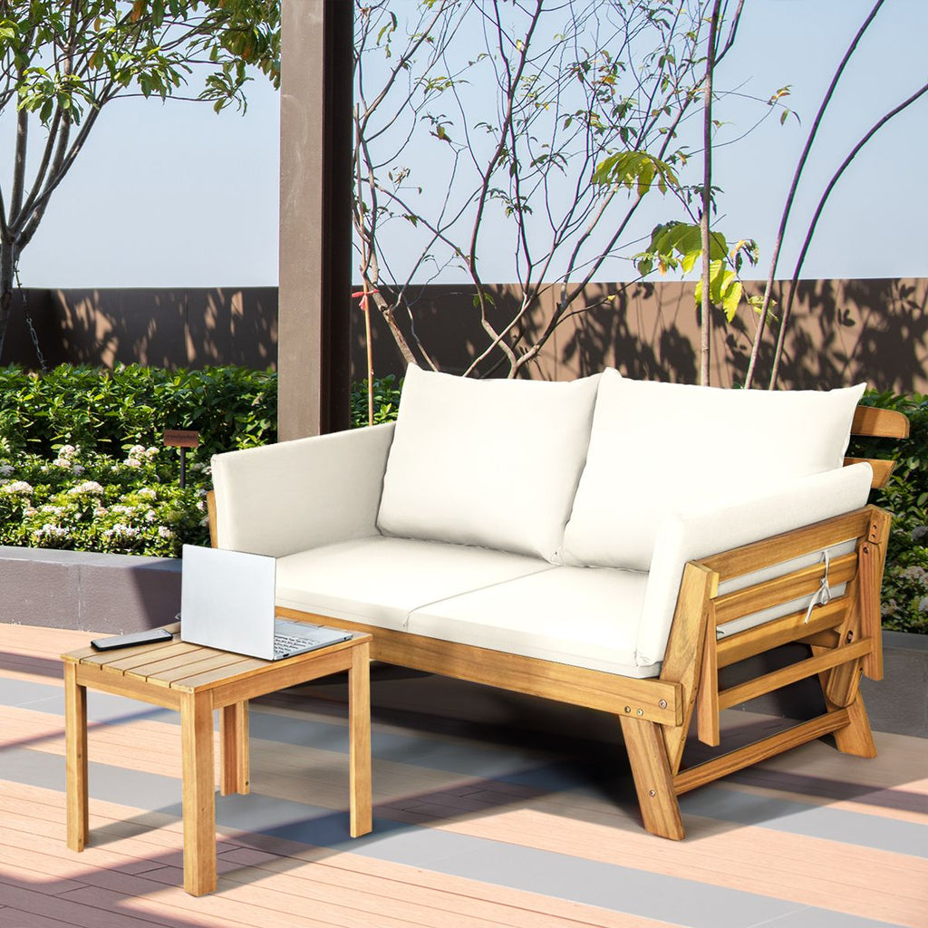 Chaise Longue Convertible avec Coussin Canapé de Jardin 2 en 1 en Bois d’Acacia avec Accoudoir Réglable pour Patio Piscine Jardin Blanc/Gris/Bleu/Rouge -