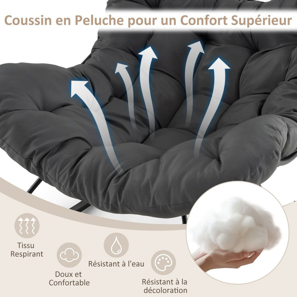 Chaise à Bascule d'Intérieur et d'Extérieur Chaise Papasan Surdimensionnée avec Coussin Rembourré & Cadre en Métal Capacité 205 Kg Gris -